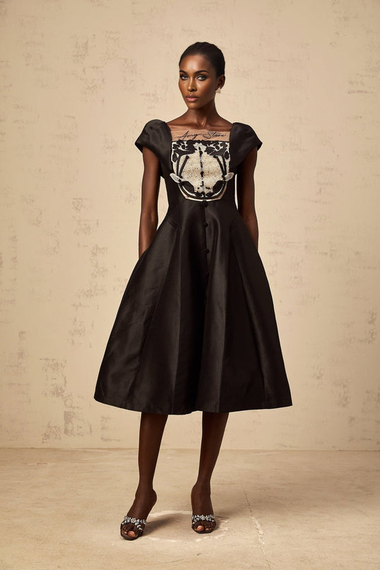 Paris Black Satin Midi Dress with Square Neck and Floral Appliqué