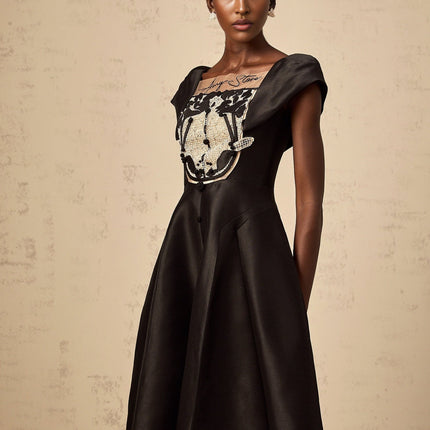 Paris Black Satin Square Neck Midi Dress with Floral Appliqué