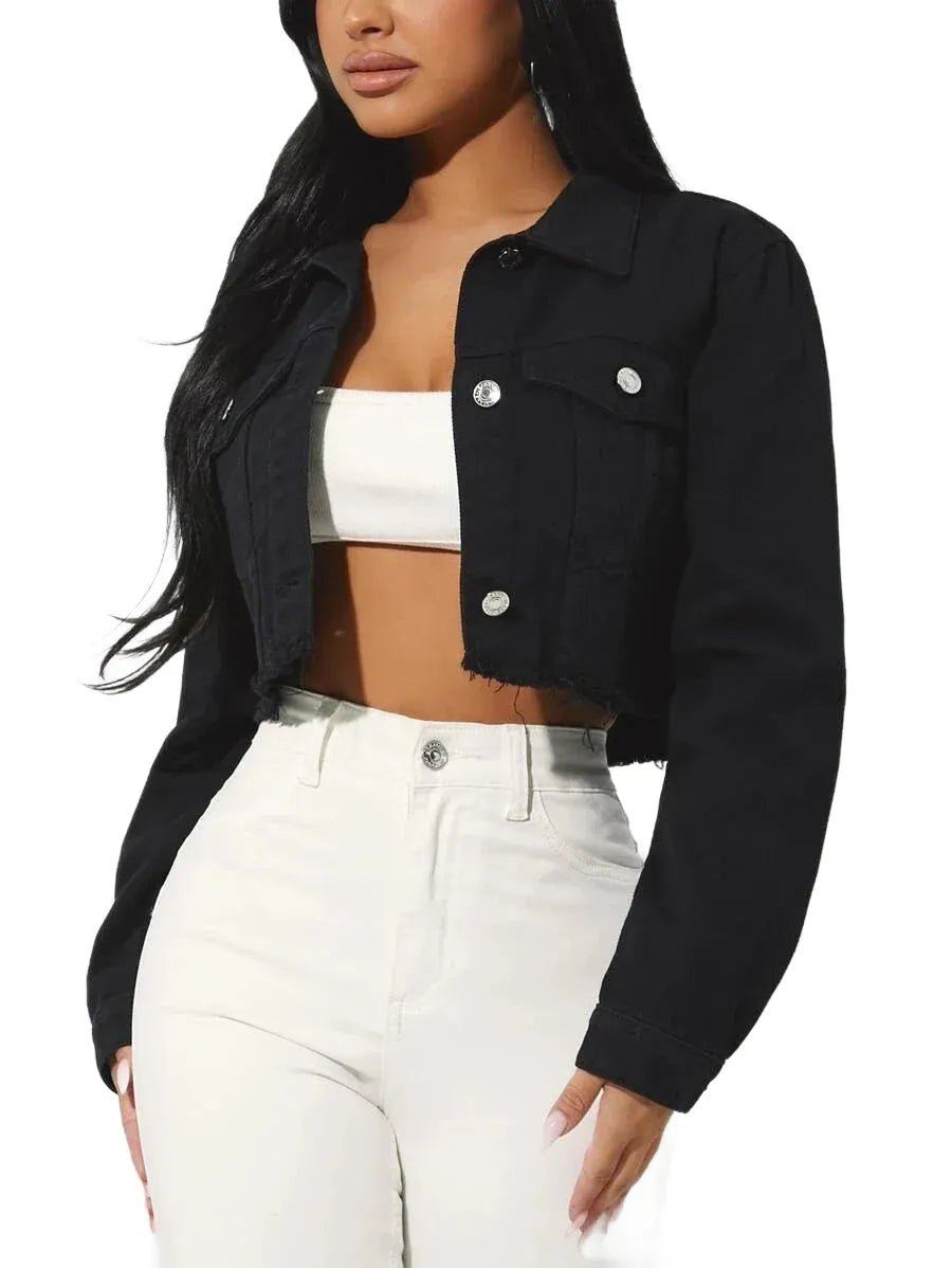 Paris Cropped Denim Jacket with Button Front Design in Black - Black