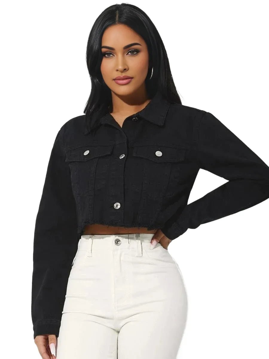 Paris Cropped Denim Jacket with Button Front Design in Black - Black