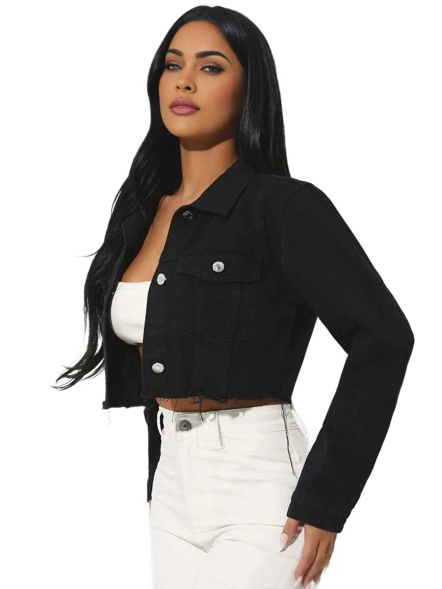Paris Cropped Denim Jacket with Button Front Design in Black - Black