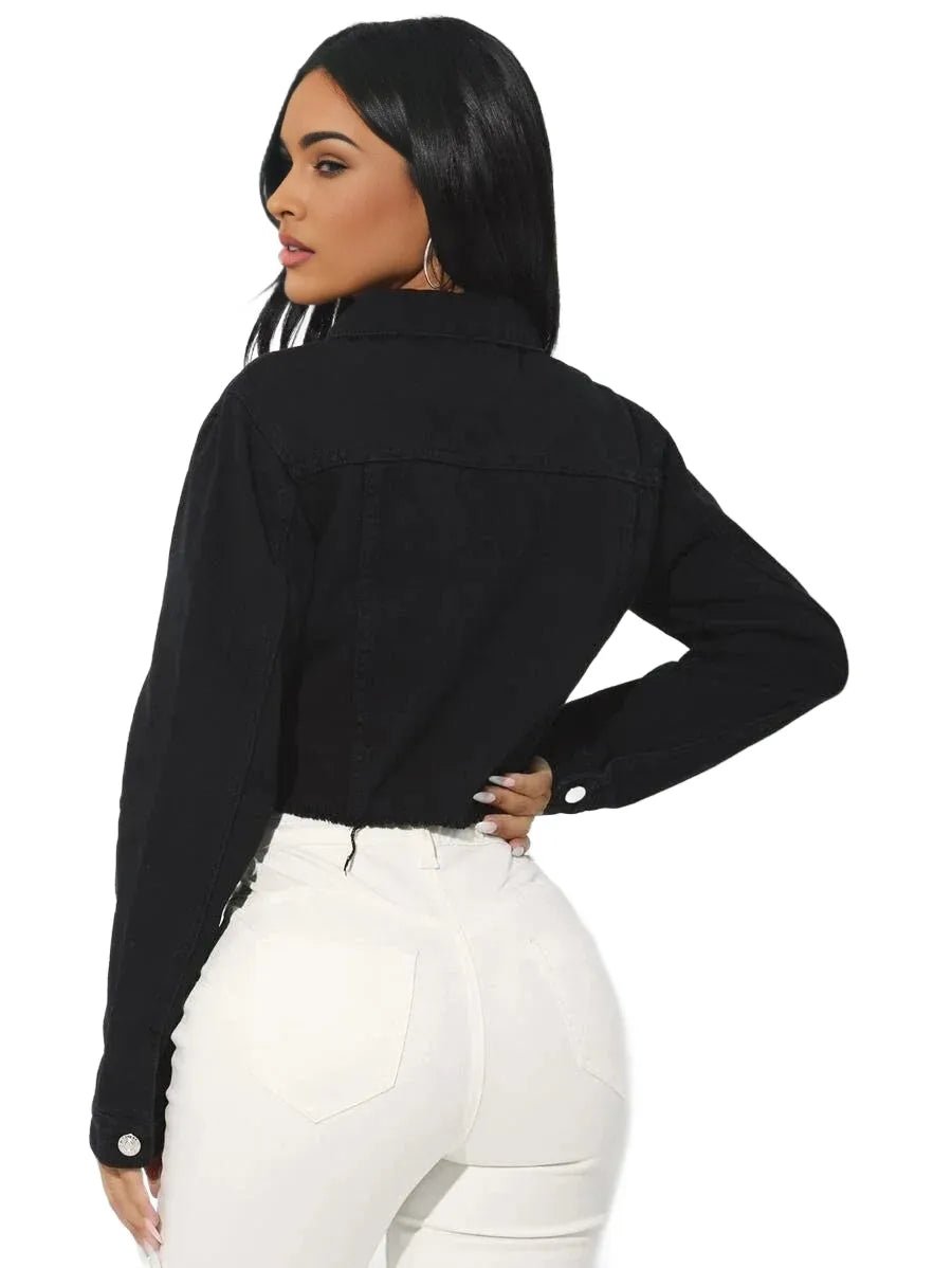 Paris Cropped Denim Jacket with Button Front Design in Black - Black
