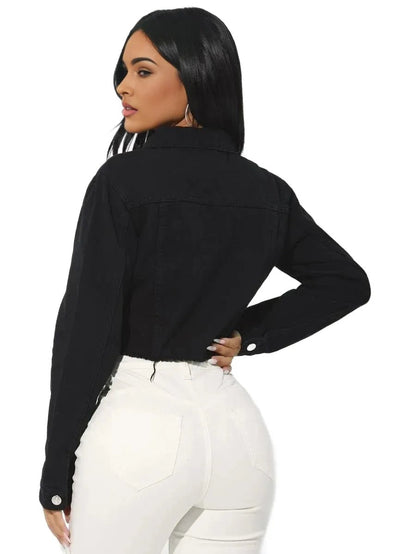 Paris Cropped Denim Jacket with Button Front Design in Black - Black