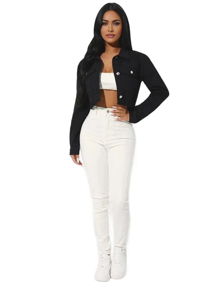 Paris Cropped Denim Jacket with Button Front Design in Black - Black