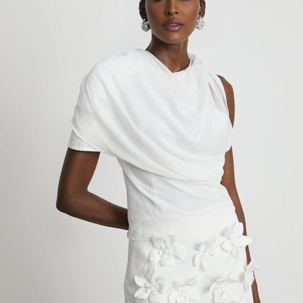 Paris White Chiffon One-Shoulder Blouse with Mock Neck and Shoulder Pads