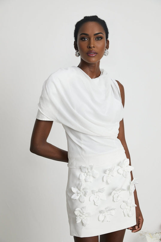 Paris White Chiffon One-Shoulder Blouse with Mock Neck and Shoulder Pads