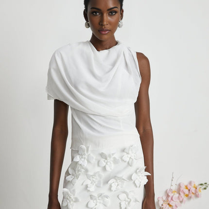 Paris White Chiffon One-Shoulder Blouse with Shoulder Pads and Asymmetric Hem