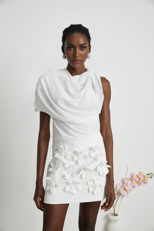 Paris White Chiffon One-Shoulder Blouse with Shoulder Pads and Asymmetric Hem