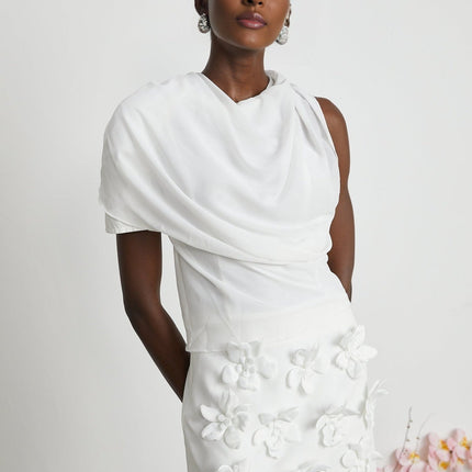 Paris White Chiffon One Shoulder Blouse with Mock Neck and Shoulder Pads