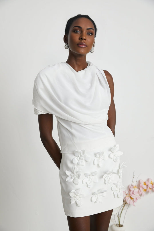 Paris White Chiffon One Shoulder Blouse with Mock Neck and Shoulder Pads