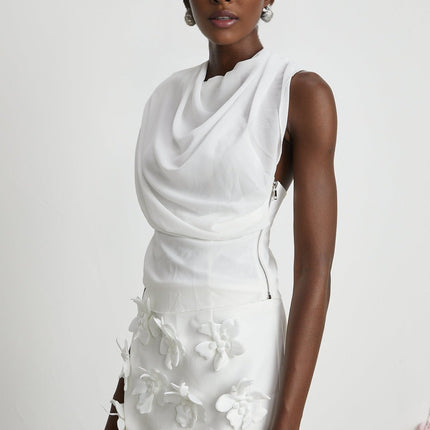 Paris White Chiffon One-Shoulder Blouse with Mock Neck and Shoulder Pads