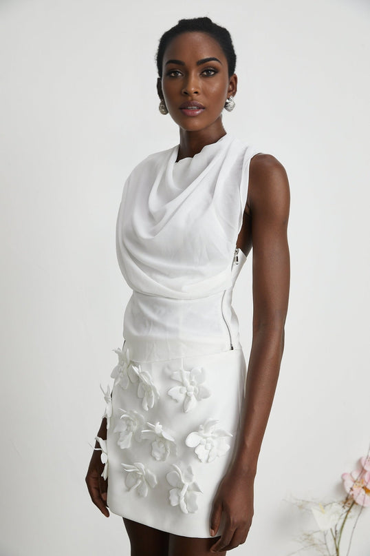 Paris White Chiffon One-Shoulder Blouse with Mock Neck and Shoulder Pads