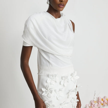 Paris White Chiffon One-Shoulder Blouse with Shoulder Pads and Asymmetric Hem