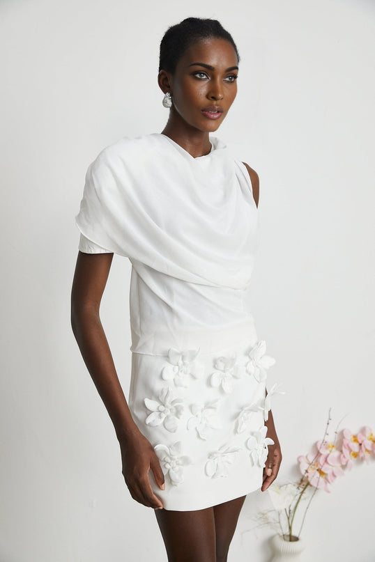 Paris White Chiffon One-Shoulder Blouse with Shoulder Pads and Asymmetric Hem