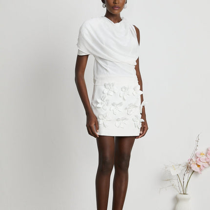 Paris White Chiffon One-Shoulder Blouse with Drape Detailing and Asymmetric Hem