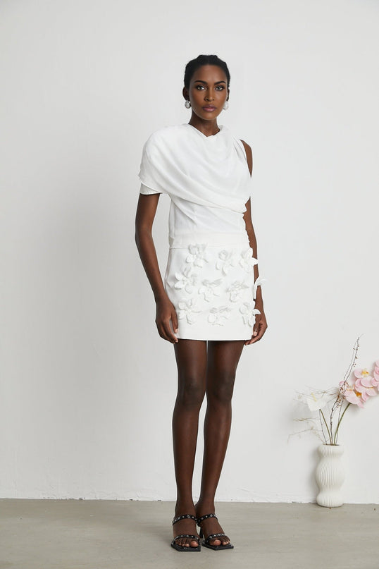 Paris White Chiffon One-Shoulder Blouse with Drape Detailing and Asymmetric Hem