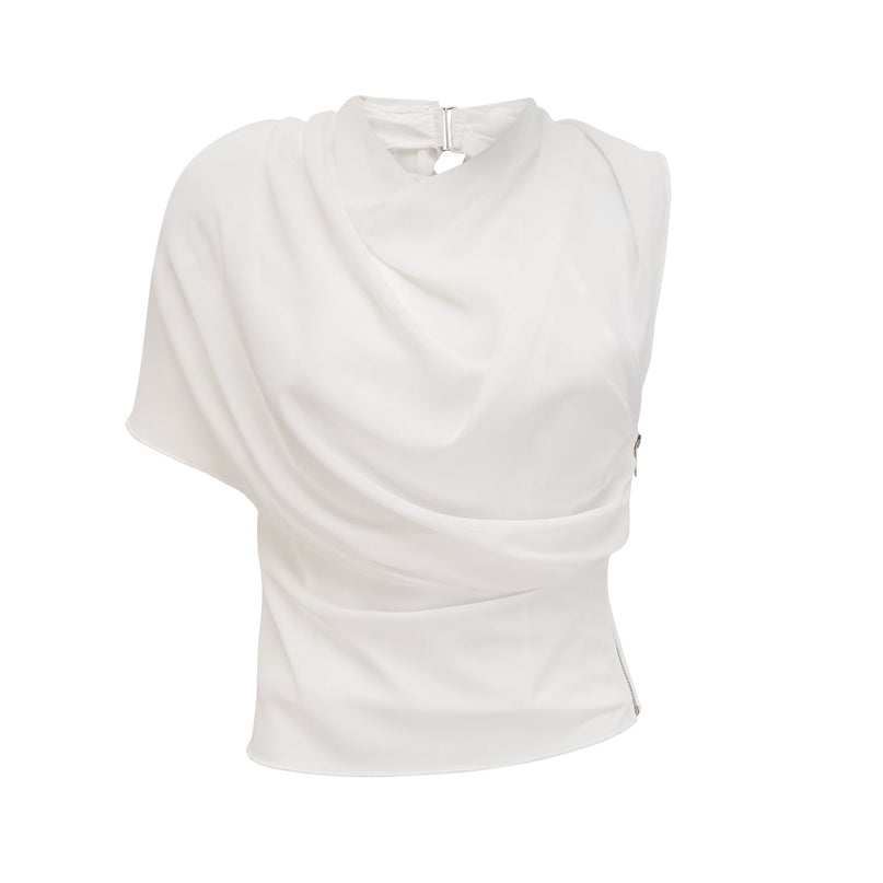 Paris White Chiffon One Shoulder Blouse with Shoulder Pads and Asymmetric Hem