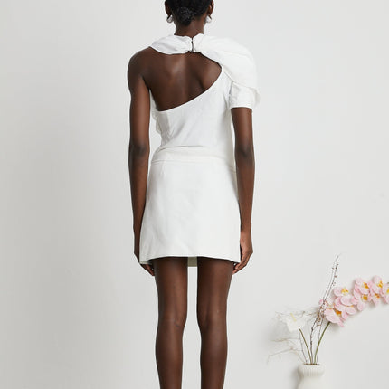 Paris White Chiffon One-Shoulder Blouse with Mock Neck and Shoulder Pads