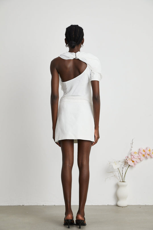 Paris White Chiffon One-Shoulder Blouse with Mock Neck and Shoulder Pads
