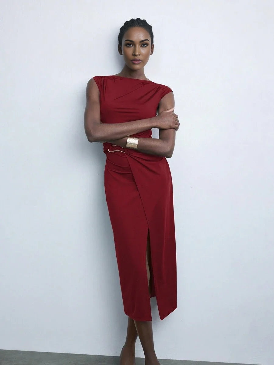 Party City Urban Elegant Women Burgundy Short Sleeve Midi Sheath Dress AutumnWinter