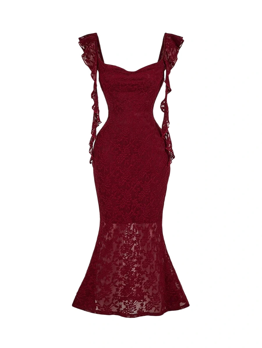 Burgundy lace mermaid dress with ruffled straps, cut-out sides, and a fitted silhouette designed for an elegant and sophisticated appearance