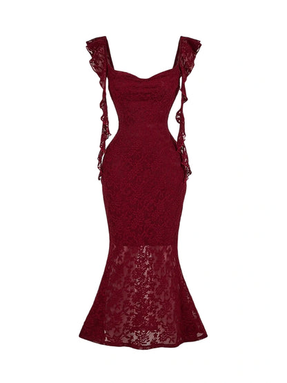 Burgundy lace mermaid dress with ruffled straps, cut-out sides, and a fitted silhouette designed for an elegant and sophisticated appearance