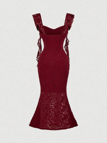 Party Dress With Swollen Collar And Fungus Streamers Decorated Apricot Tight Long Dress Summer