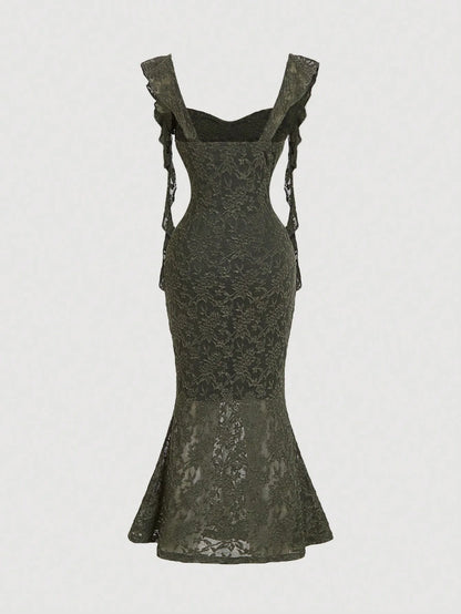 Party Dress With Swollen Collar And Fungus Streamers Decorated Apricot Tight Long Dress Summer