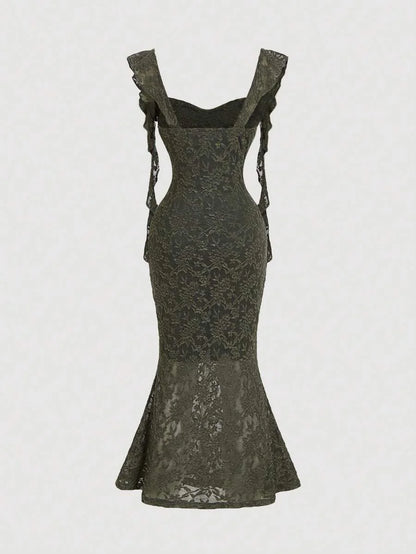 Party Dress With Swollen Collar And Fungus Streamers Decorated Apricot Tight Long Dress Summer