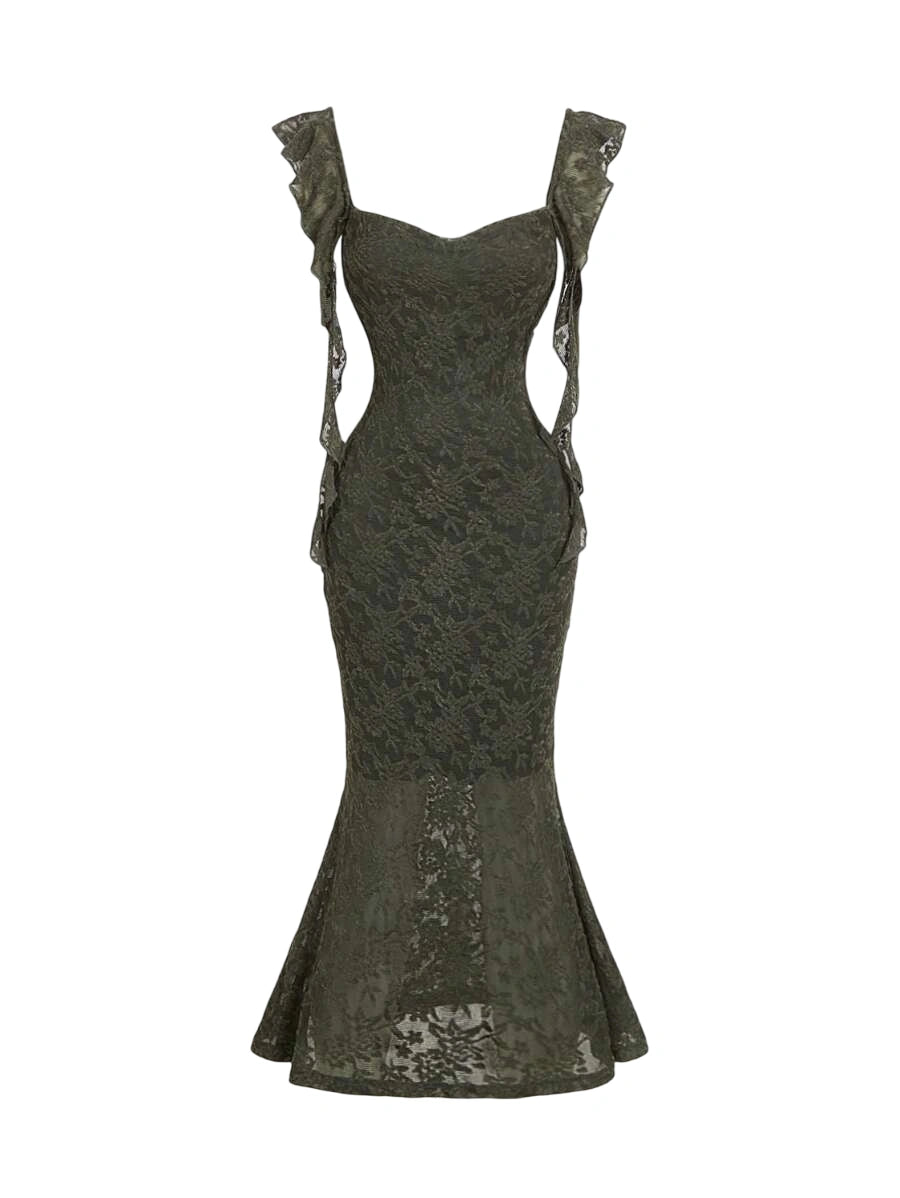 Dark green lace mermaid dress with ruffled straps, cut-out sides, and a fitted silhouette designed for an elegant and sophisticated appearance