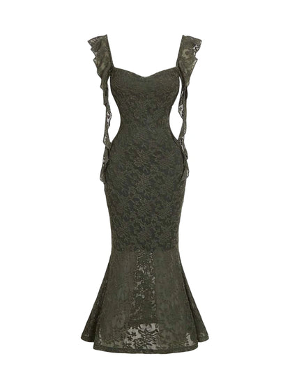 Dark green lace mermaid dress with ruffled straps, cut-out sides, and a fitted silhouette designed for an elegant and sophisticated appearance
