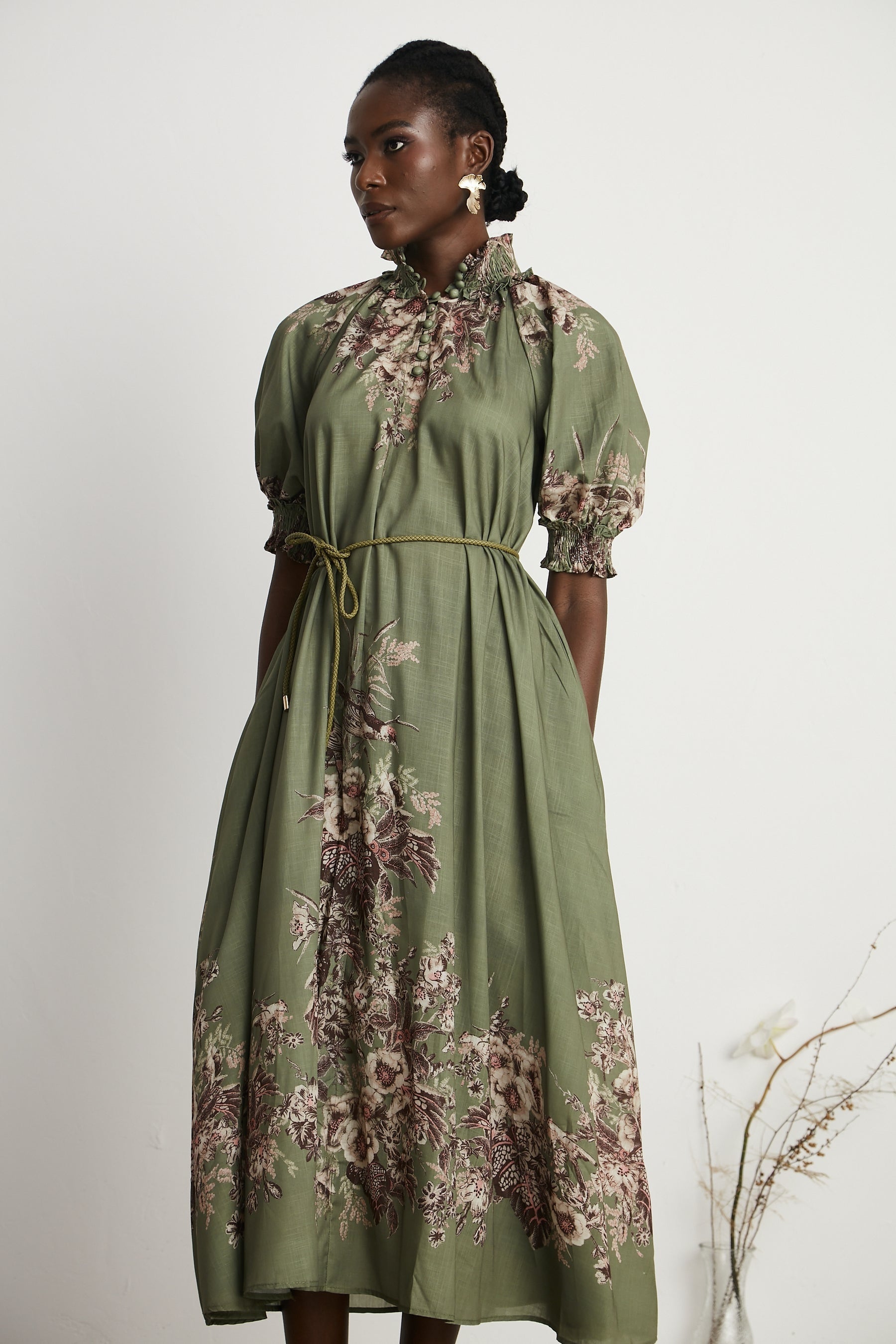 Pascale belted floralprint ramie midi dress