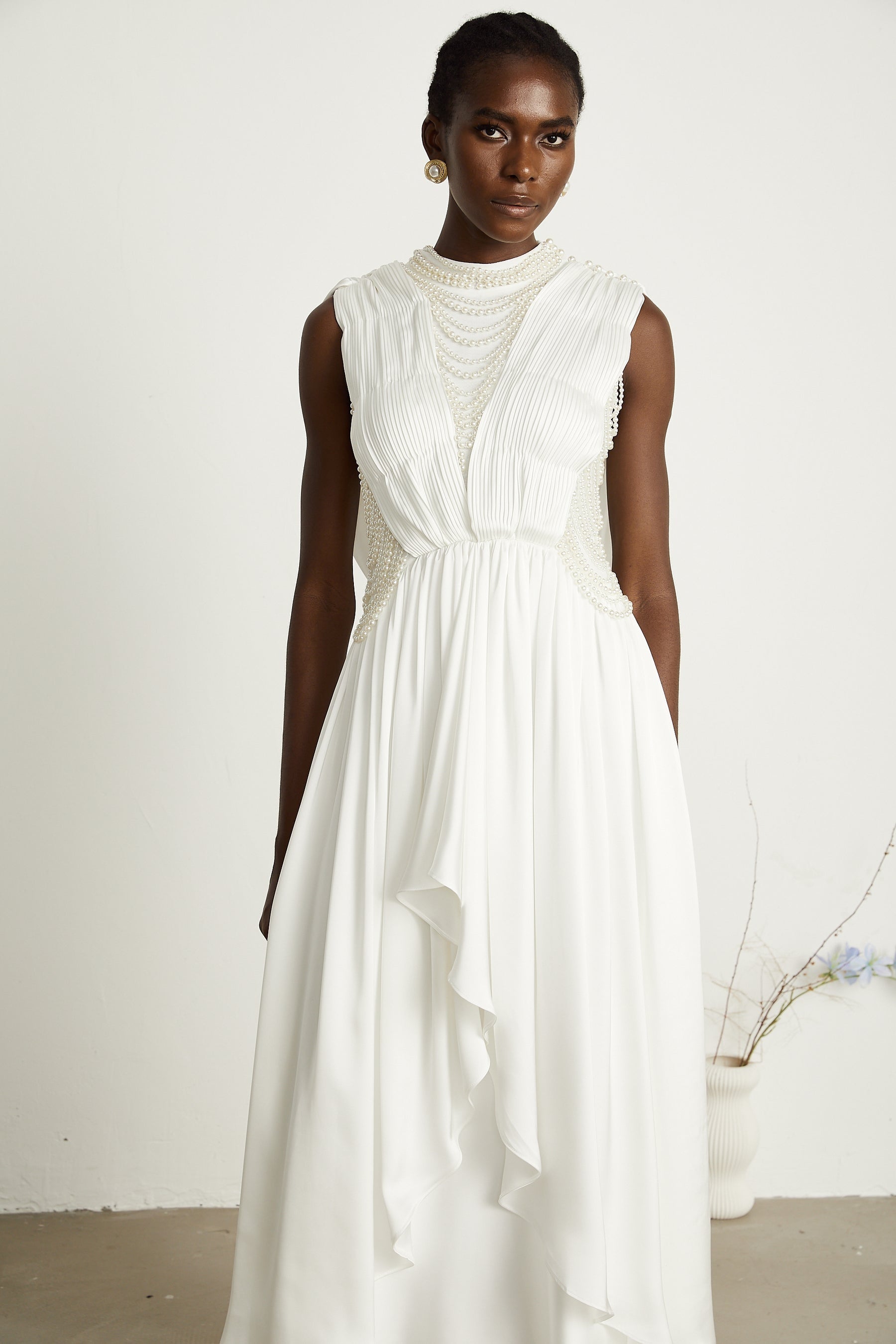 Pascale white fauxpearl pleated maxi dress