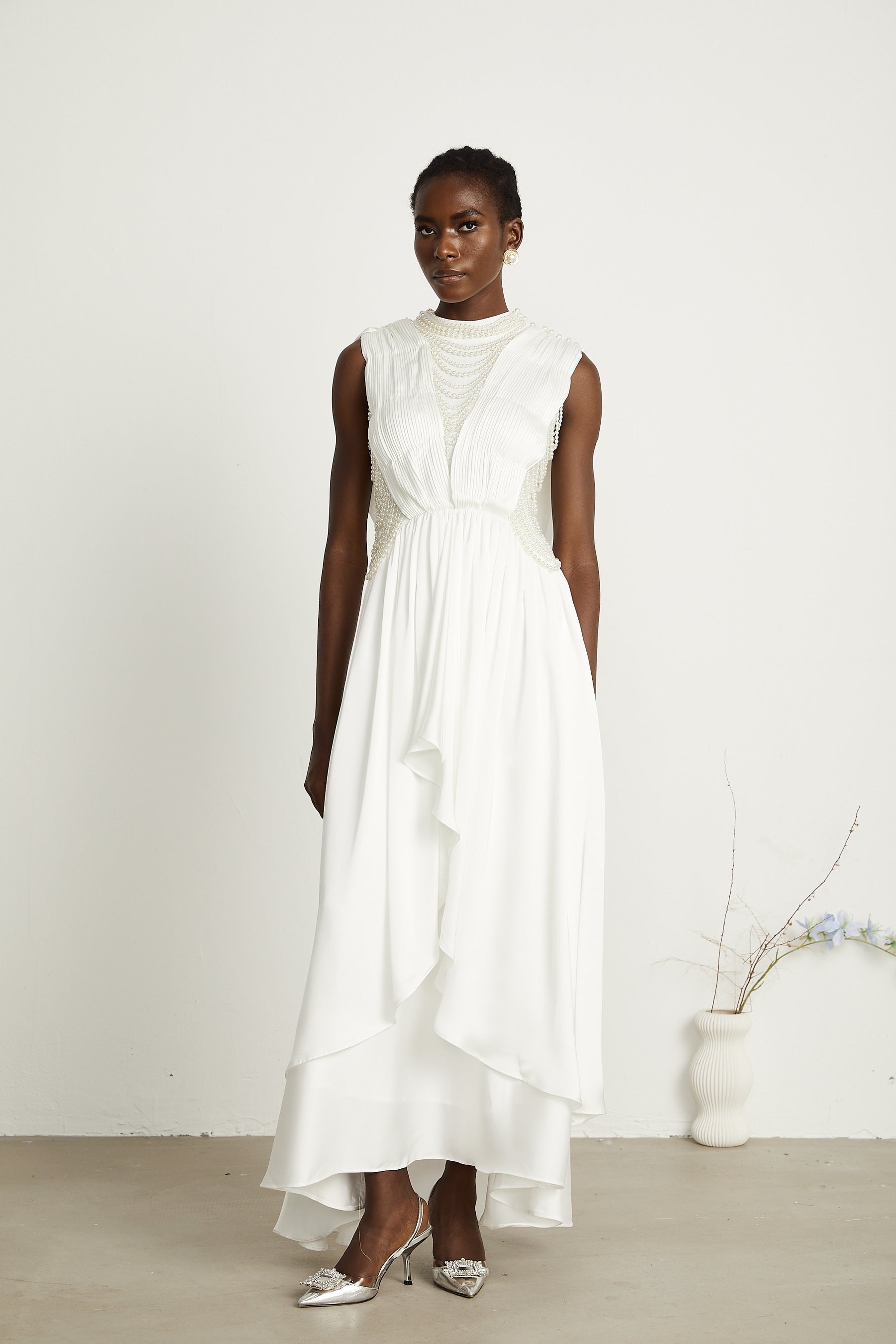 Pascale white fauxpearl pleated maxi dress