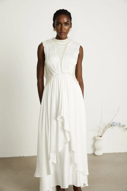 Pascale white fauxpearl pleated maxi dress