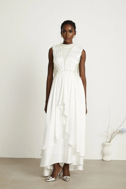 Pascale white fauxpearl pleated maxi dress