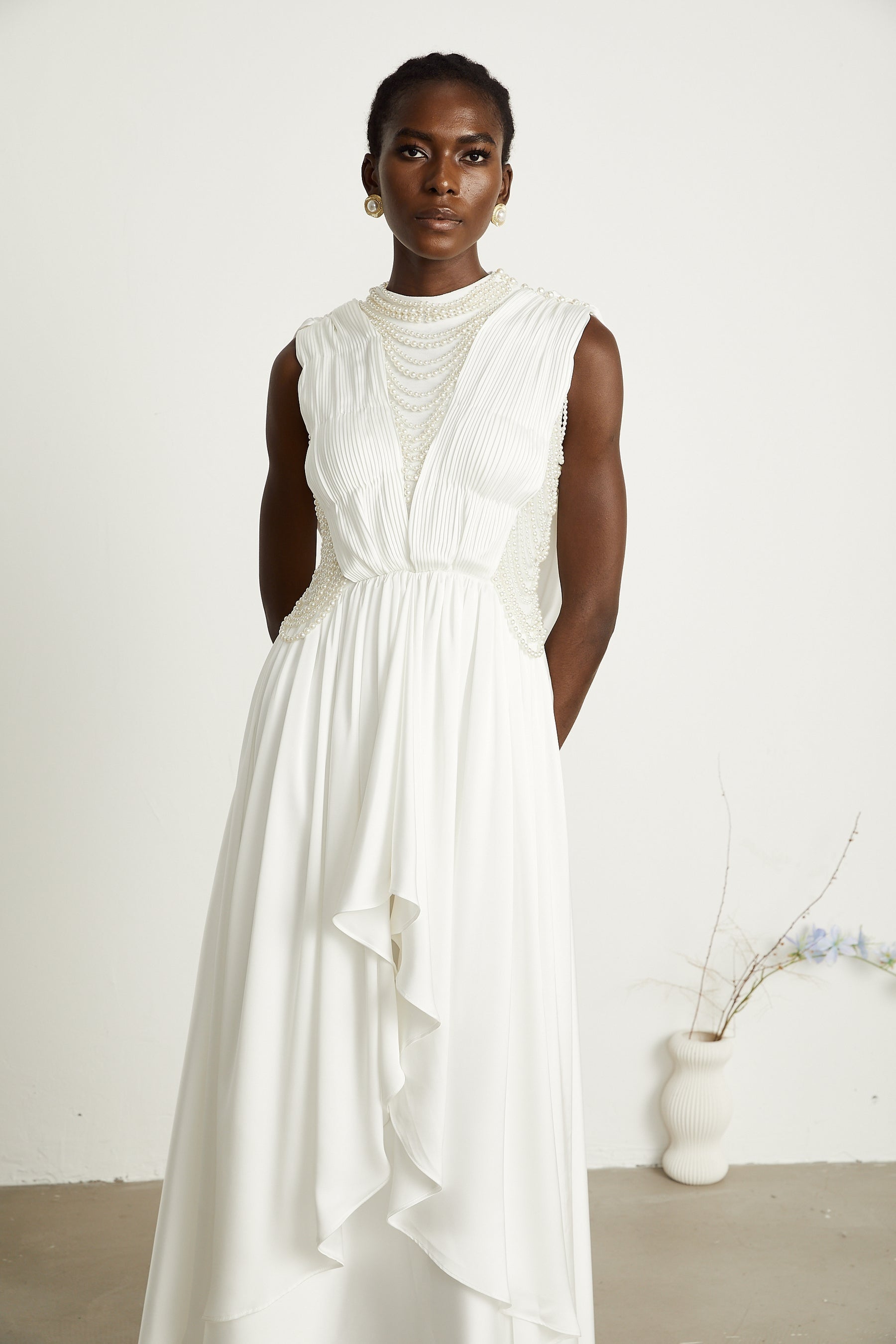 Pascale white fauxpearl pleated maxi dress