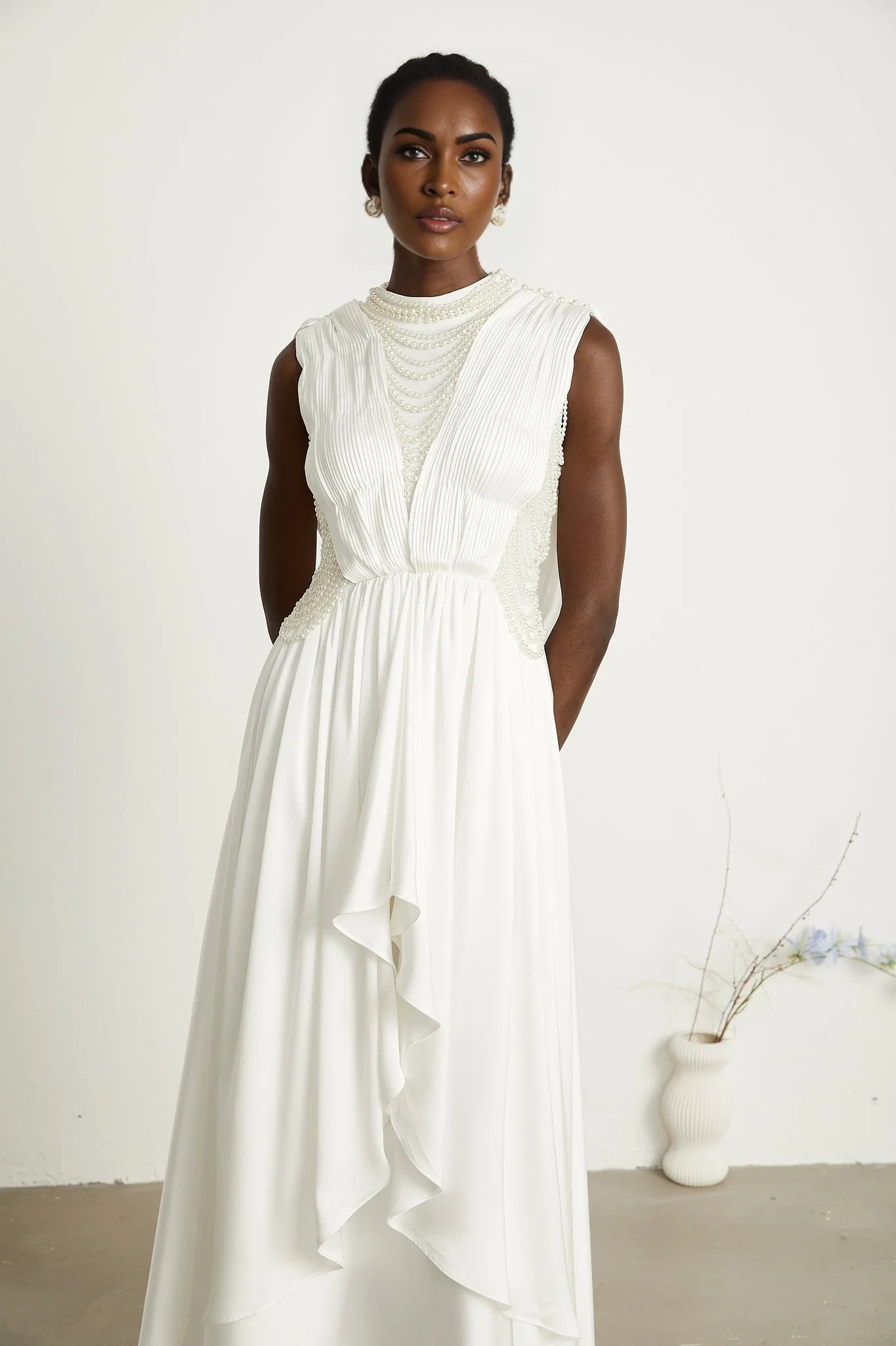 Pascale white fauxpearl pleated maxi dress