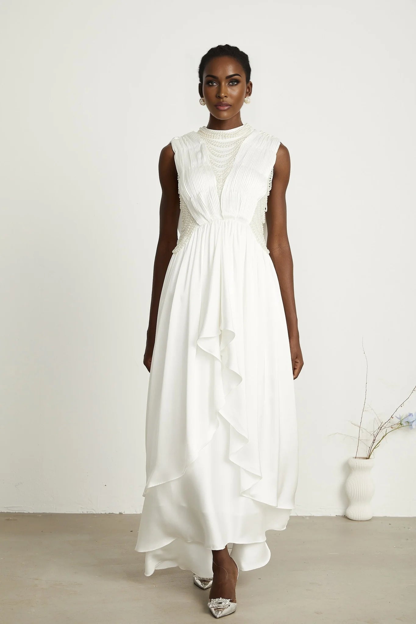 Pascale white fauxpearl pleated maxi dress