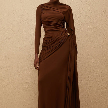 Pasqualina Brown Knit Maxi Dress with Bateau Neck and Ruched Detailing