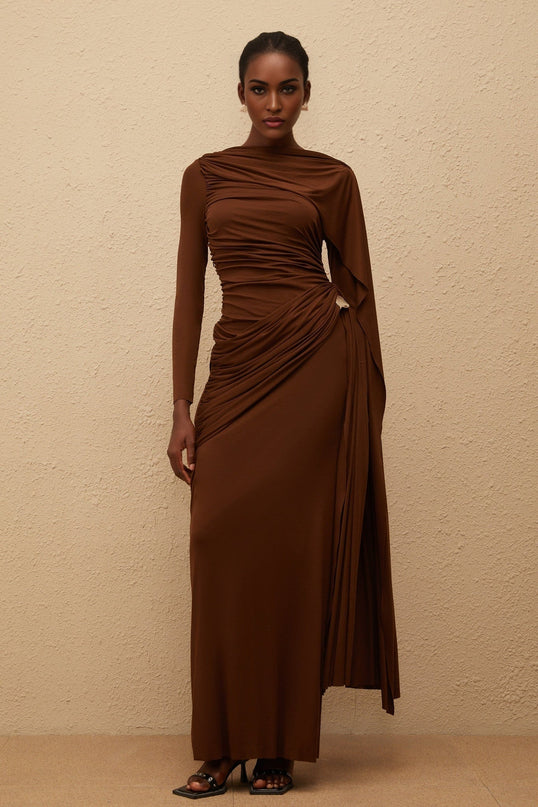 Pasqualina Brown Knit Maxi Dress with Bateau Neck and Ruched Detailing