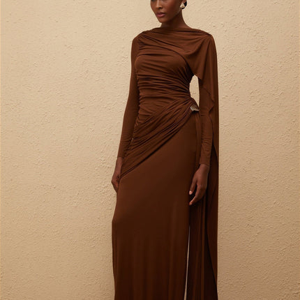 Pasqualina Brown Knit Maxi Dress with Bateau Neck and Ruched Detailing