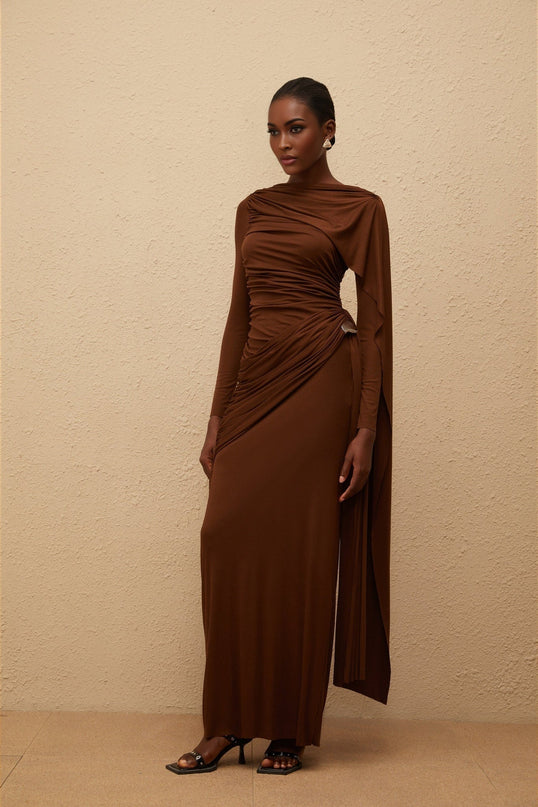 Pasqualina Brown Knit Maxi Dress with Bateau Neck and Ruched Detailing