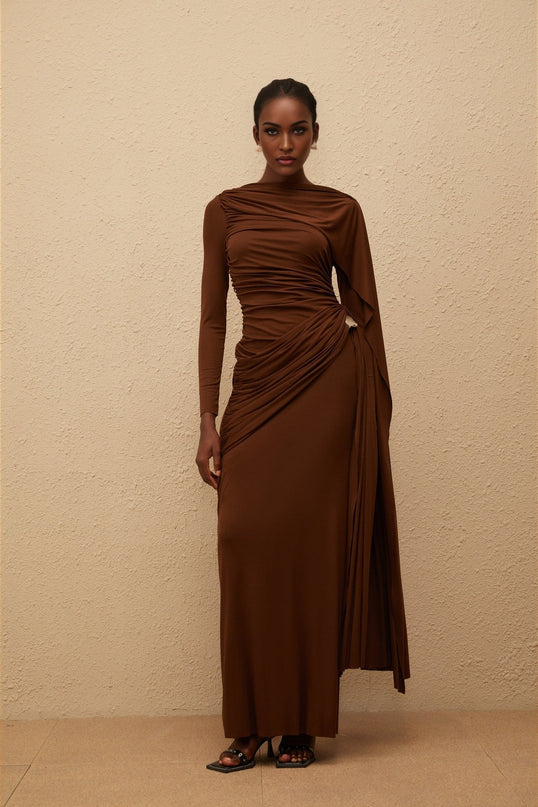 Pasqualina Brown Knit Maxi Dress with Bateau Neck and Ruched Detailing