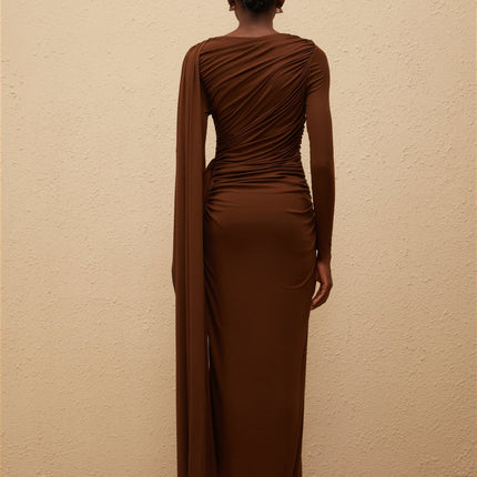 Pasqualina Maxi Dress in Brown Knit with Bateau Neck and Ruched Detailing