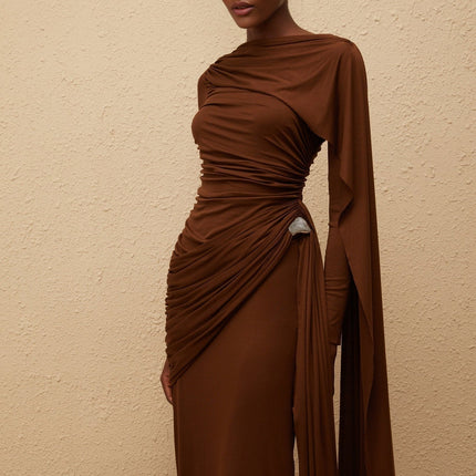 Pasqualina Maxi Dress Brown Knit Bateau Neck Long Sleeves Ruched Detailing Asymmetrical Ribbon Design Silver-tone Hardware Straight Hem Side Zip Fastening Maxi Length Tencel Spandex Comfort Style