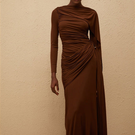 Pasqualina Maxi Dress Brown Knit Bateau Neck Long Sleeves Ruched Detailing Asymmetrical Ribbon Design Silver-tone Hardware Straight Hem Side Zip Fastening Maxi Length Tencel Spandex Comfort Style