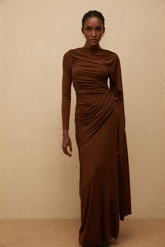Pasqualina Maxi Dress Brown Knit Bateau Neck Long Sleeves Ruched Detailing Asymmetrical Ribbon Design Silver-tone Hardware Straight Hem Side Zip Fastening Maxi Length Tencel Spandex Comfort Style