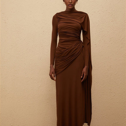 Pasqualina Maxi Dress Brown Knit Bateau Neck Long Sleeves Ruched Detailing Asymmetrical Ribbon Design Silver-tone Hardware Straight Hem Side Zip Fastening Maxi Length Tencel Spandex Comfort Style
