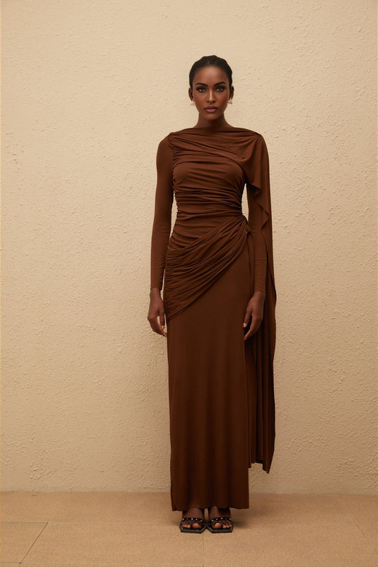 Pasqualina Maxi Dress Brown Knit Bateau Neck Long Sleeves Ruched Detailing Asymmetrical Ribbon Design Silver-tone Hardware Straight Hem Side Zip Fastening Maxi Length Tencel Spandex Comfort Style